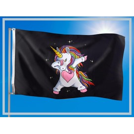PHENO FLAGS Unicorn Flag, 90 x 150 cm, Funny and Dancing Unicorn Motif, Robust Flag for Children's Room, Garden & Flagpole