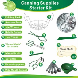 10PCS Canning Supplies Starter Kit- Canner Accessories with Canning Rack ，Steamer Rack，Steamer Rack Funnel,JarWrench,Measurer spoon,Lid Lifter,Tongs,Jar Labels,Perfect for Home Kitchen. (green)