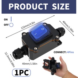 Jecdfs Inline Cable Switch Waterproof Rocker Switch DPST 20A-12VDC/16A-24VDC/20A-125VAC/16A-250VAC IP66 Waterproof Box with Double-Sided Input, Blue LED Display