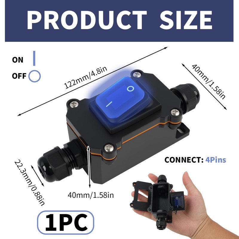 Jecdfs Inline Cable Switch Waterproof Rocker Switch DPST 20A-12VDC/16A-24VDC/20A-125VAC/16A-250VAC IP66