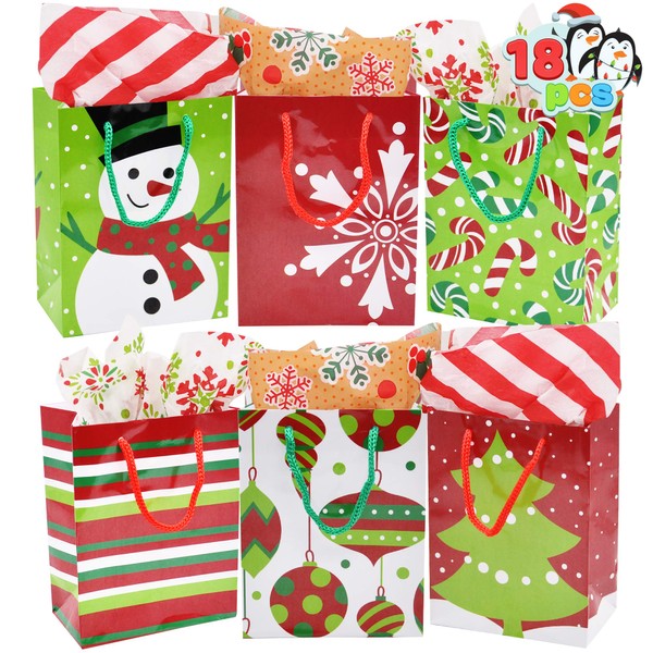 18 Christmas Holiday Goody Paper Gift Bags 4.3x5.75x2.5 for Xmas Wrapping Gift-Giving, Classroom Party Favors