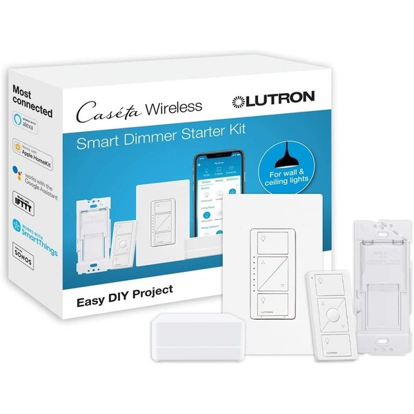 Lutron Caseta Smart Start Kit, Dimmer Switch with Smart Bridge and Wall Mount Pico Adapter, Works with Alexa, Apple HomeKit, and the Google Assistant | P-BDG-PKG1W-A | White