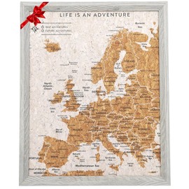 Splosh Travel Map - Desk Pin Board Europe Map in Grey, Wooden Frame. Travel Map Corkboard with 100 Pins in 2 Colours to Mark Your Past and Future Adventures, Europe Map Pin Board. Father's Day Gifts