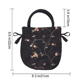 DELORIGIN Ethnic Style Flower Handbag Black Embroidered Drawstring Bags Jewellery Gift Bags for Women Makeup Bags Organiser for Cosmetic Utensils Storage Bag Travel Party Cosmetic Bag Purse