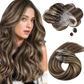 Moresoo Micro Bead Hair Extensions for Women Real Human Hair Blonde Brown Highlights Micro Ring Hair Extensions Dark Brown with Caramel Blonde 18inch 50g/50s