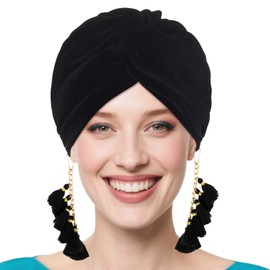 Bohend Knotted Turban Cap Women Tassel Pre-Tied Velvet Beanie Headwrap Stretchy Head Covering Wide