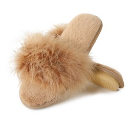 Fur Story Women's Camel Furry Open Toe Fuzzy Slippers, 8.5-9