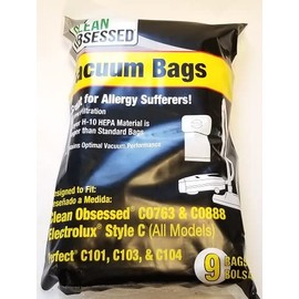 Clean Obsessed HEPA Vacuum Bags for CO763 & CO888, Perfect 101 / 103 / 104 , Electrolux Style C ~ 9 Pack ~