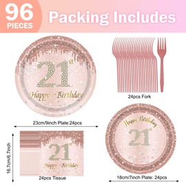 21st Birthday Decorations for Her, Rose Gold Plates Rose Gold Birthday Decorations 96PCS Pink Paper Plates and Napkins for Girls Women 21st Birthday Party Supplies Serve 24 Guests