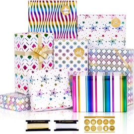 Birthday Wrapping paper 6 Sheets Pink White Gift Wrapping Paper with Ribbon Stickers Metallic Foil Wrapping Paper for Birthday Christmas Holiday Graduation Wedding Baby Shower, 20x28 inch