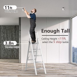 GameGem 5 Step Ladder for 10 Feet High Ceiling, Folding Step Stool Stepladders with Anti-Slip and Wide Pedal for Home and Kitchen Use Space Saving (White)