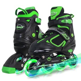 MammyGol Adjustable Inline Skates for Boys Girls Kids Youth with Light up Wheels, Green Beginner Blades Roller Skates for Boys Size 10 11 12 13 Ages 6-12