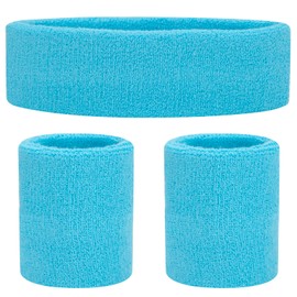 ONUPGO Sweatbands Set, Headband Bracelets, Neon Sports Fitness, 80s Costumes, Accessories, 80s Workout Outfit for Men and Women (Light Blue 2897)