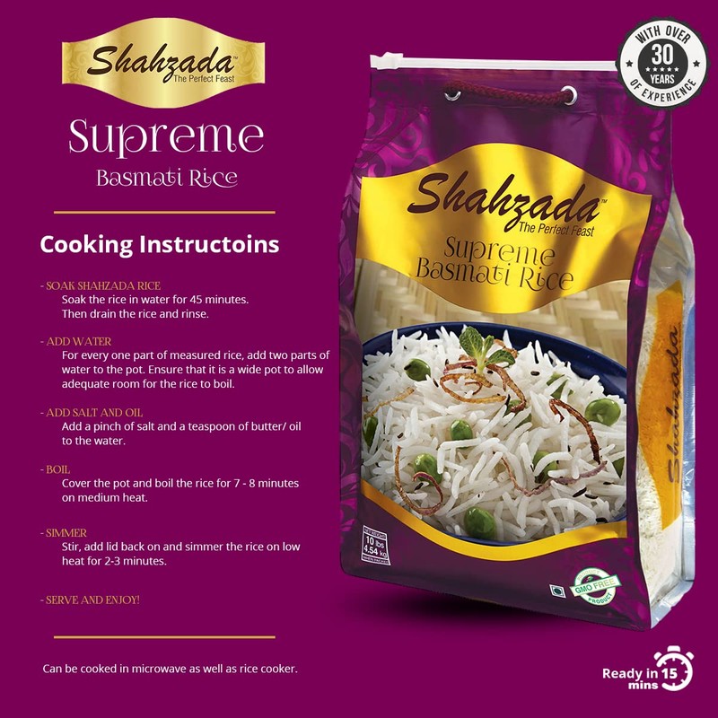 Shahzada Supreme Basmati Rice 10 Lbs – Extra Long Grain,