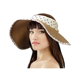 Dahlia Women's Summer Sun Hat - Polka Dot Ribbon Straw Visor - Camel Tan