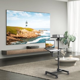 2 Shelves Mobile Projector Stand, Rolling Laptop Stand Adjustable Height 26 to 47 Inches, Podium Stands with Ventilated Tray, Heavy Duty, Laptop Floor Stand for Office, Home, Stage, DJ