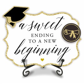 Gold Grad Party Wooden Table Sign - A Sweet Ending To A New Beginning - 5"X7" Buffet Sign, Treat Sign With Metal Support & 2 DIY Wood Decor With Velcro, Grad Party Decorations & Supplies - B04