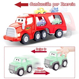 5 en 1 Carritos Juguetes Niño 3 a 8 Años, Camiones de Transporte Gran Cargado con 3 Mini Coches de Juguetes y 1 Avión, Carros Juguete con Sonido, Regalo para Fiesta, Navidad, Cumpleaños, Día de Niños