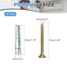 PATIKIL 30 Pcs Drywall Hollow Wall Anchors with Screws 0.16 x 1.38, Steel Dry Wall Anchors Kit for Wooden Concrete Plaster Hinge Hole Repair, Silver (5 x 30mm)