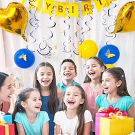 LBKKC Yellow Birthday Decorations, Happy Birthday Banner for Kids, Glitter Hanging Streamers with Butterfly, Birthdays Bunting Banners with Balloons