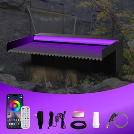 Pamopamo Pool Waterfall Spillway Stainless Steel Pond Fountain, APP Control Colorful LED Lighted Outdoor Black Fountains, Water Flow Spillways Kit for Koi Pond, Swimming Pool, Garden-11.8"x7.8"x3.9"