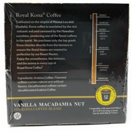 Royal Kona Coffee Vanilla Macadamia, Light Roast, Single-Serve Coffee Pods - 12 Count Box