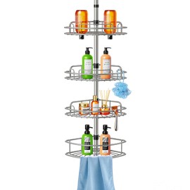 HAMITOR Corner Shower Caddy Tension Pole: 4-Tier Adjustable Rustproof Shower Organizer Shelves - 47-121 Inch Quick Installation Space-Saving Shower Rack for Bathtub, RV & Small Bathrooms - Silver Gray