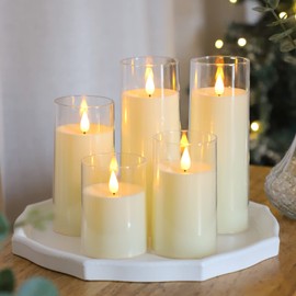 Fo32won Ivory White LED Flameless Pillar Candles Battery Operated with Remote and Timer, Pack of 5 (D 3"×H 4" 5" 6" 8" 8") Plexiglass LED Flickering Candles with 3D Flame