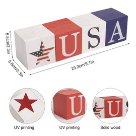pechpell Wooden Labor Day Table Decorations for Home, 4 Pcs Double Sided Patriotic USA Stars Sign Wood Blocks, Veterans Day Memorial Gifts Red White and Blue America Decor for Shelf Mantel Office Desk