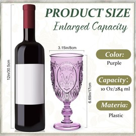Wiwiqing 18 Pack Plastic Goblets 10oz Upgrade Vintage Water Goblet Plastic Wine Glasses Colored Retro Embossed Glassware for Party Wine Bar Juice Baby Shower Wedding Reception Grand (Purple)