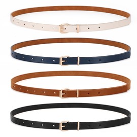 VONMELLI 4 Pack Skinny Leather Belt for Women Dresses Thin Waist Ladies Belt for Jeans with Gold Buckle, Black Brown Blue Beige S