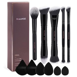Maange 12pcs Brochas Maquillaje Doble Punta Esponjas Pulir Líquidos Cremas Polvos Difuminar Contornear Rostro Negro