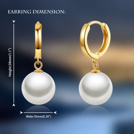 JAXXEL White Pearl Earrings for Women,Fishhook Pearl Drop Earrings 18K Gold Plated Hypoallergenic Earrings Pearl Drop Earrings Fine Jewelry for Women Size 10MM
