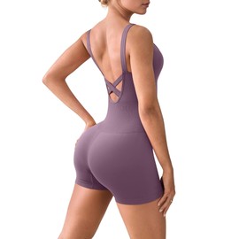 REORIA Women Romper Summer Yoga Seamless Backless One Piece Shorts Ribbed Bodycon Square Neck Tank Top Jumpsuit Purple S