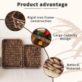 Water Hyacinth Woven Serving Tray Rectangular Hand-Woven Wicker Storage Trays for Coffee/Breakfast/Dessert/Fruit/Bread (Brown-Large)