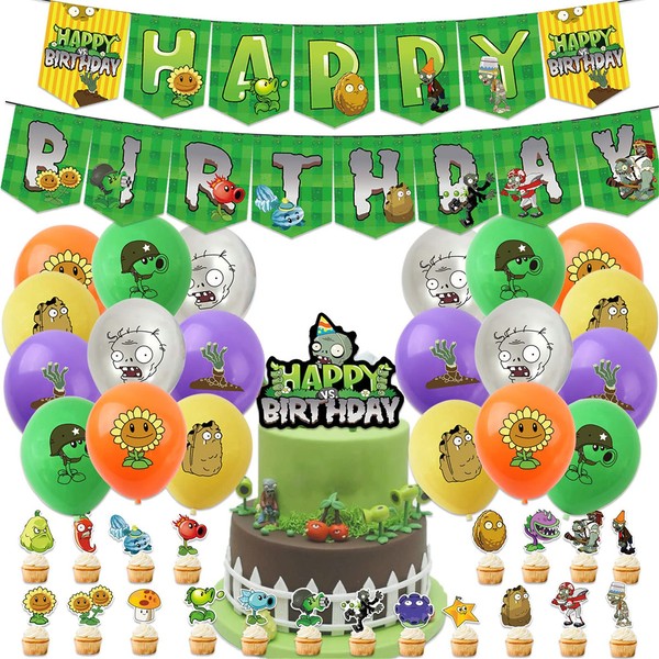 ADILAIDUN 43Pieces Plants Play Game Zombies Party Supplies,Including PVZ Happy Birthday Banner,PVZ Cake Topper,PVZ Latex Balloons for Kids Boys Game Players Party Decoration