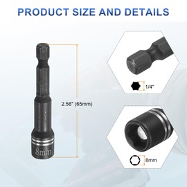 HARFINGTON 2pcs Magnetic Nut Driver 8mm Hex Drive Socket 2.56" Length Power Screw Drill Bits Socket Wrench Tools with 1/4" Quick Change Hex Shank for Power Drills Impact Drivers, Black