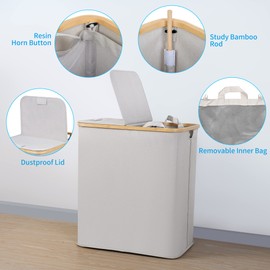 efluky Laundry Hamper with Lid, Double Laundry Hamper with 2 Removable Bags, 2 Section Laundry Basket with Bamboo Handles for Bathroom, Bedroom & Laundry Room, 140L (36.9 Gallon) Light Grey