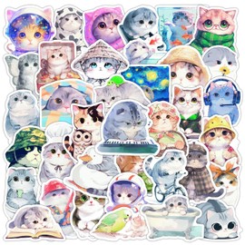 50Pcs Cute Cat Stickers, Kawaii Watercolor Kitten Stickers for Laptop Water Bottle Skateboard Kindle Scrapbook Journaling Guitar, Waterproof Vinyl Graffiti Animal Decals