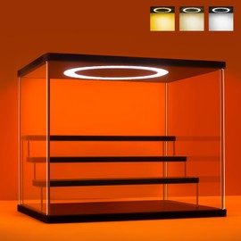 DORYBEN Acrylic Display Case with Adjustable LED Light, 4 Tier Clear Display Box Dustproof Showcase for Action Figures, Collectibles and Mini Toys, Assembly Display Cabinet(Black 12.5×9.5×10.4in)