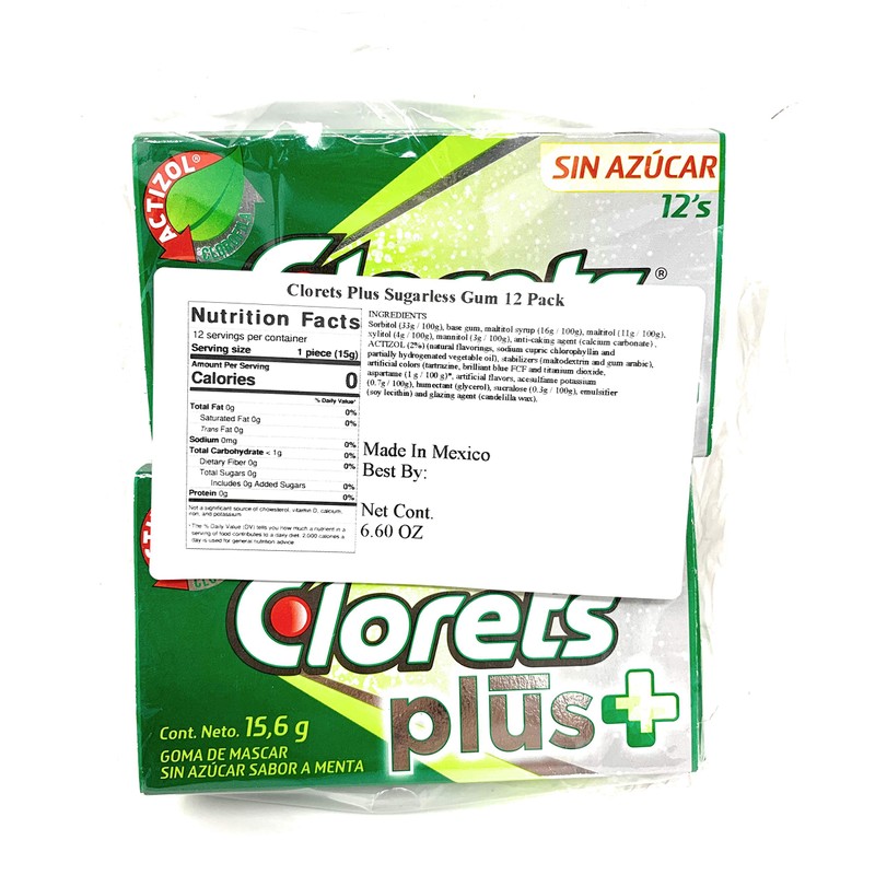 Clorets Plus Sugarless Gum 12pk–Mint Flavor (12 pieces of gum
