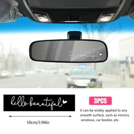 Zufoty 3PCS Hello Beautiful Rearview Mirror Decal, Car Mirror Stickers, Self Affirmations Decal, Cute Car Decoration Accessories Car Window Decals for Women Girls (White)