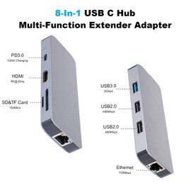XuanGui USB C Hub Ethernet, 8 en 1 Adaptador multipuerto USB C, con RJ45 Ethernet, 4K HDMI, 100W PD, USB 3.0 y 2 USB 2.0, SD y TF, base tipo C para Thunderbolt 3, MacBook Air/Pro, superficie, etc