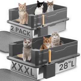 2-Pack XXXL Stainless Steel Cat Litter Box – Extra Large 28" L x 20" W with High Sides & Lid, Non-Stick, No Odor, Leak-Proof Metal Boxes for Large & Multiple Cats, Easy to Clean
