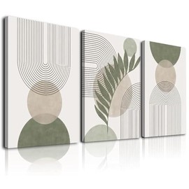 Sage Green Boho Wall Art Set of 3, Minimalist Framed Wall Art Geometric Line Leaf Sun Moon Beige Green Canvas Artwork Paintings, Abstract Botanical Boho Room Decor, Office, 12"x16"