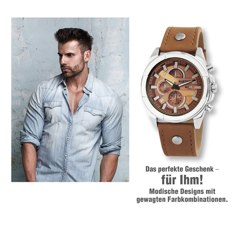 Raptor Men's Chrono-Look Watch with Riveted Bracelet Brown Analogue Date