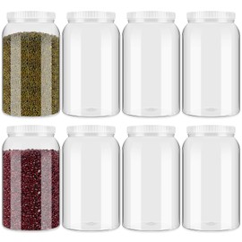 Dandat 8 Pcs 1 Gallon Clear Plastic Jars Airtight Pantry Large Mouth Large Jar 1 Gallon Plastic Jug Cylinder Container with Lid for Candy Butter Honey Sugar Cookies Arts Crafts Bartender Kitchen