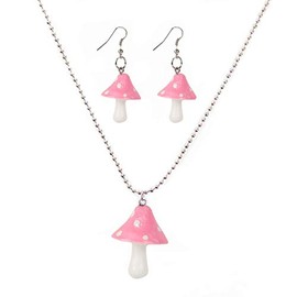 Set Cutie Creative Colorful Mushroom Shape Drop Dangle Earrings Pendant Chain Beaded Necklace Sweet Fresh for Women Jewelry Sets Gifts White Dot Gothic Dainty-Pink