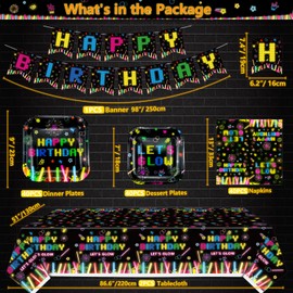 123 Pack Glow Neon Party Supplies Neon Glow Tableware Set Neon Glow in the Dark Birthday Banner Glow Themed Napkins for Blacklight Party Decoration Serves 40
