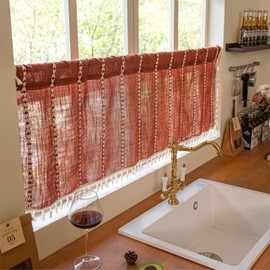 Sutuo Home Cenefa Boho Cortinas Cortas Para Ventanas Tier, Lino Bohemio con Borlas Filtrado de Luz Vintage Tratamiento de Ventana de Campo Francés Cortina de Otoño Drapeado, Bolsillo para Varilla 1